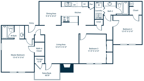 Floor plan for 3 beds, 2 baths, 1400 sqft